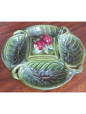 Wade California 722 Relish Tray with Red Apple Removeable Lid Green Dip Glaze